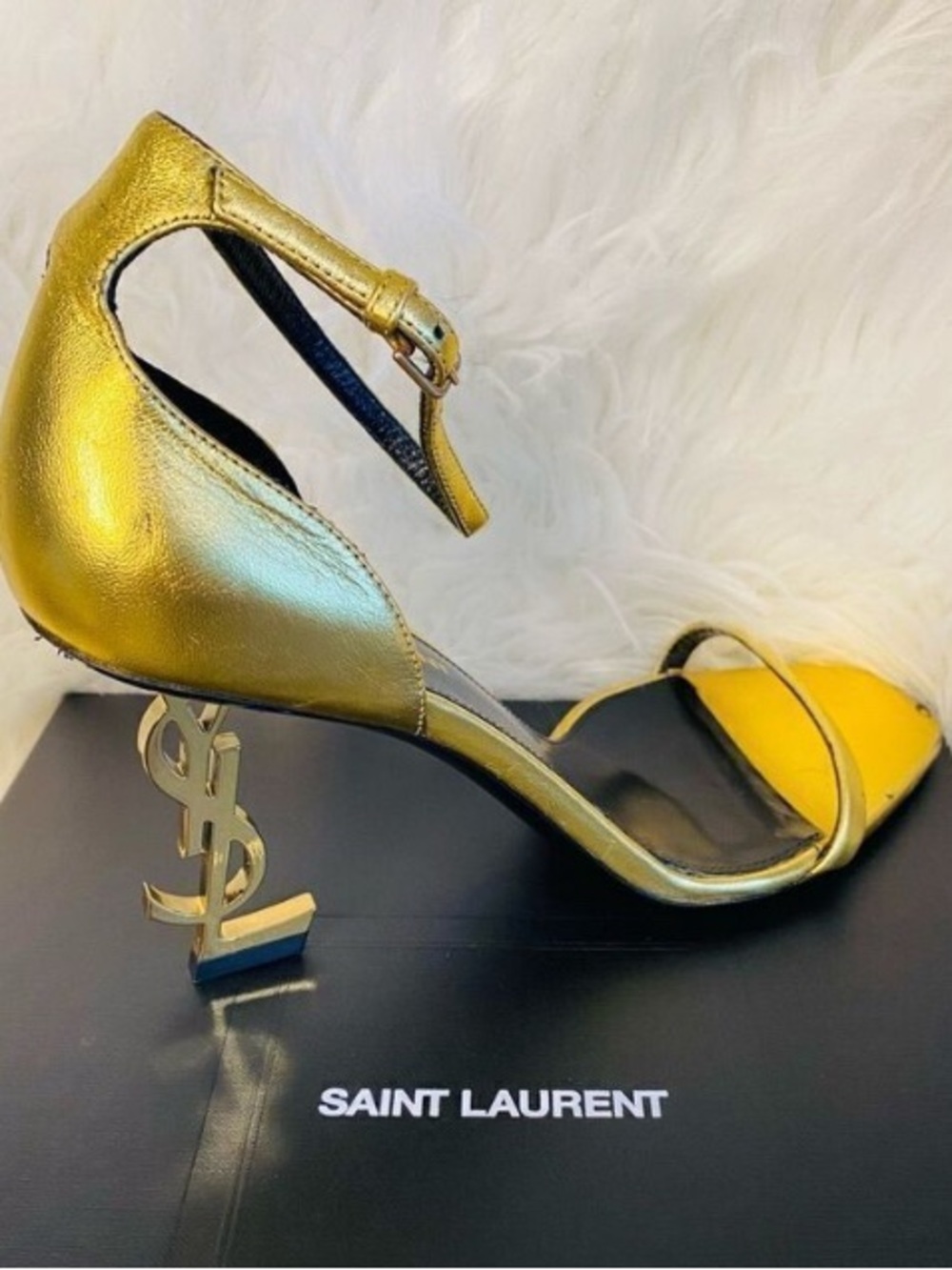 🛍️Saint Laurent Authentic Metallic Gold YSL Logo Ankle-Strap Heels W Box